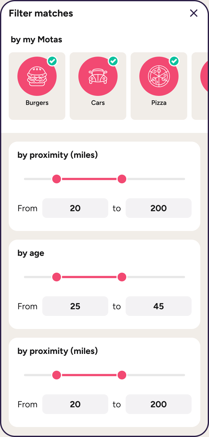 Filter matches screen with selected motas and distance and age sliders