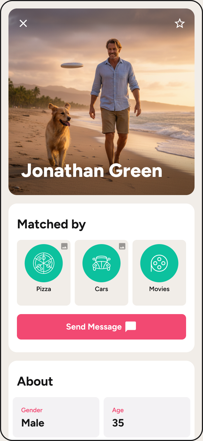 Jonathan Green profile card with matched motas, a Send Message button and about details