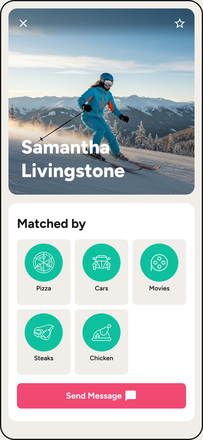 Samantha Livingstone profile card with six matched motas and a Send Message button