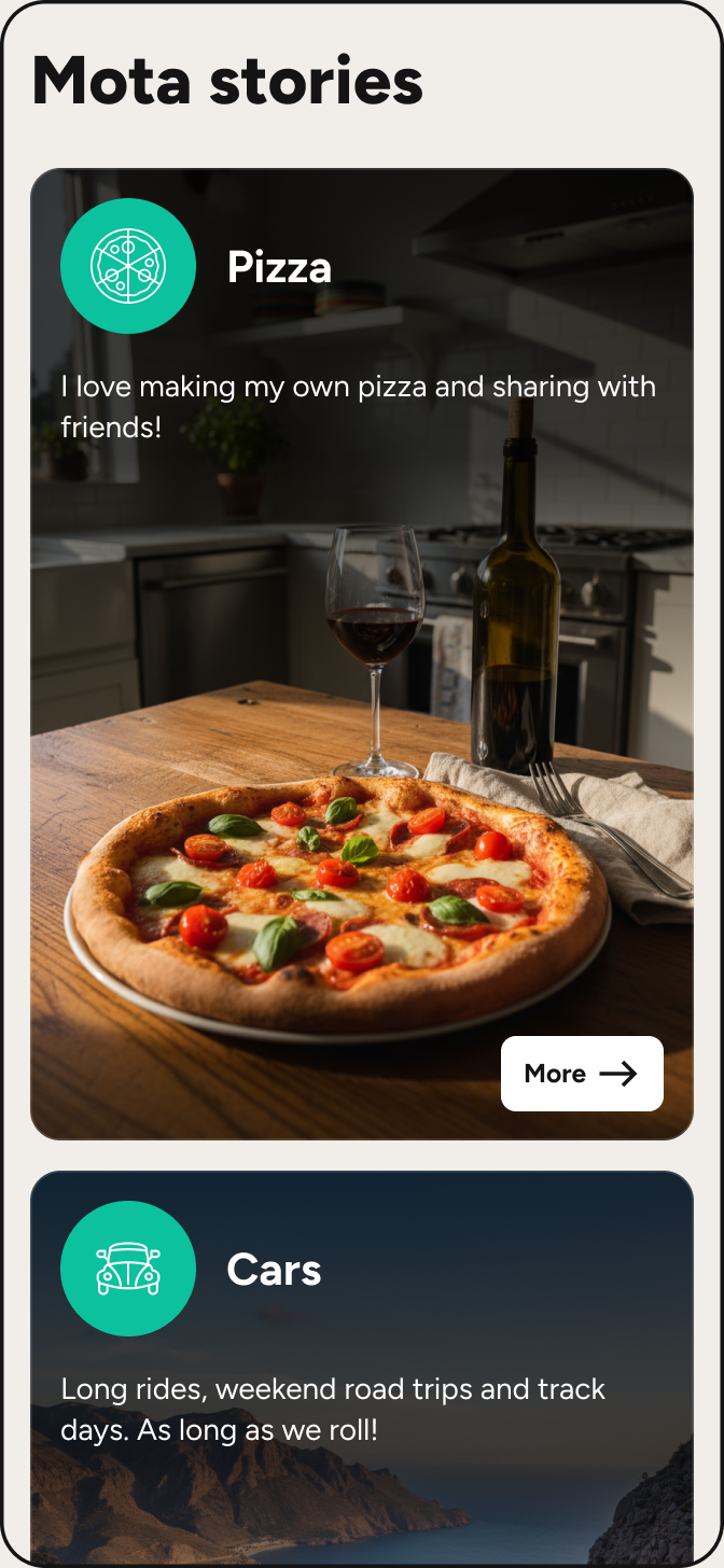 Mota stories screen showing a Pizza story and a Cars story