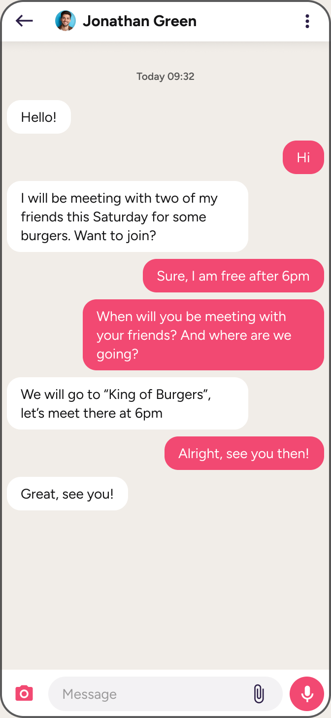 Direct message chat screen with message bubbles and a message input
