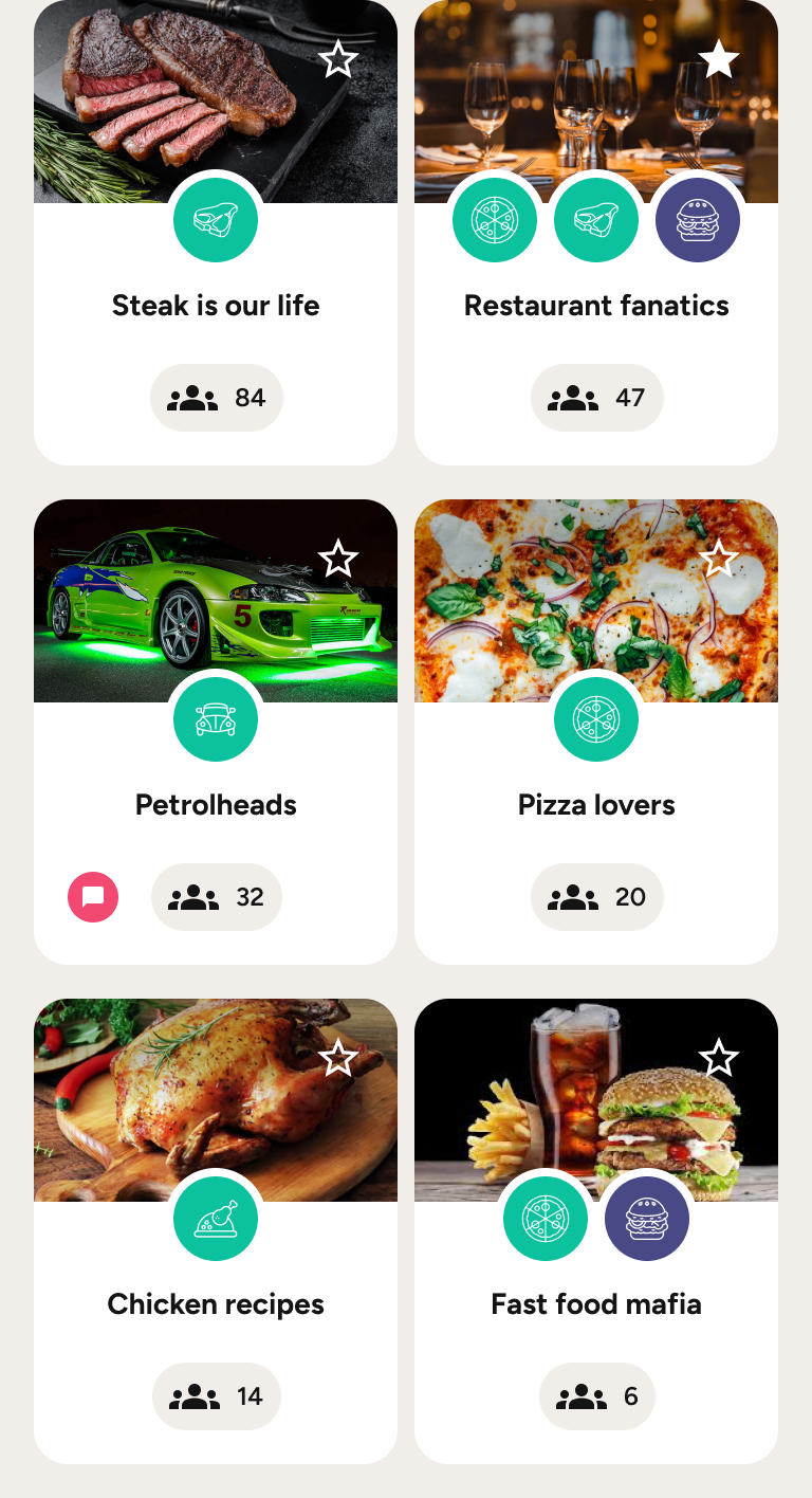 Groups grid with six group cards such as Steak is our life, Restaurant fanatics and Pizza lovers, with member counts